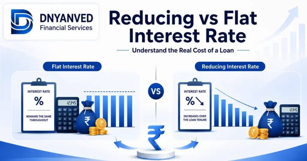 Reducing vs flat interest rate comparison showing loan cost difference with DNYANVED Financial Services logo