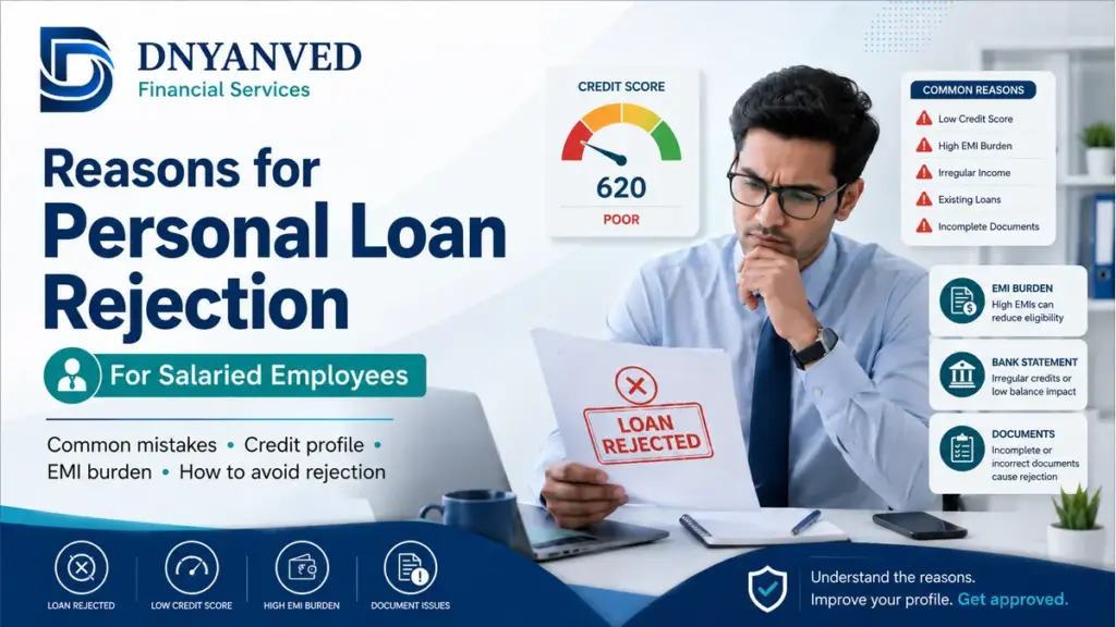 Reasons for Personal Loan Rejection for salaried employees showing credit score, EMI burden, document issues, and loan rejection factors.
