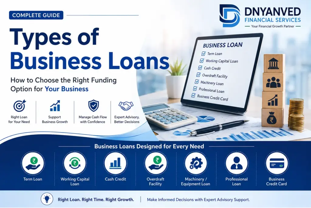 Types of Business Loans in India guide by DNYANVED Financial Services with term loan, working capital loan, cash credit, overdraft, machinery loan, professional loan and business credit card.