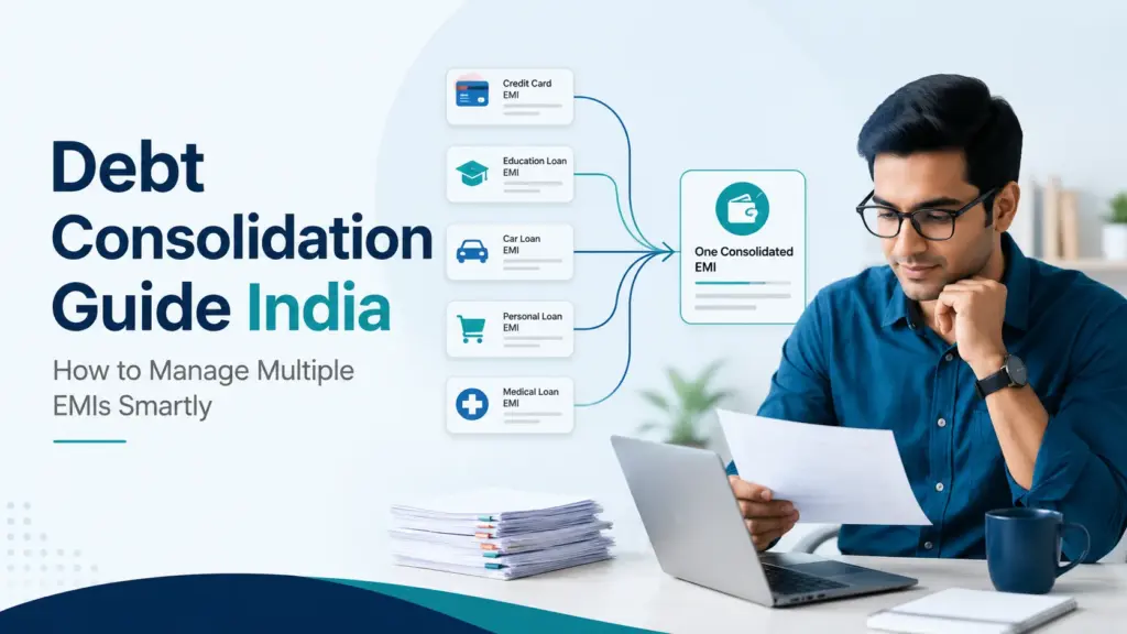 Debt Consolidation Guide India feature image showing multiple loan EMIs combined into one consolidated EMI