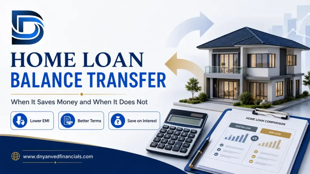 Home Loan Balance Transfer in India featured image with DNYANVED Financial Services logo, house model, calculator and loan comparison document showing lower EMI, better terms and interest savings.