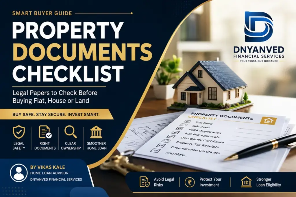 Property Documents Checklist India featured image with DNYANVED Financial Services logo, house model, legal document checklist, keys and property papers for flat, house and land buyers.